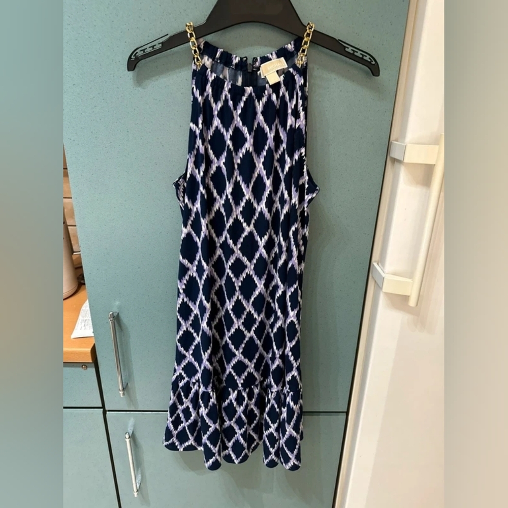Navy Diamond Print Halter Dress with Chain Straps